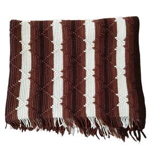 Knit blanket with fringe shades of brown, black and cream 72"x46"